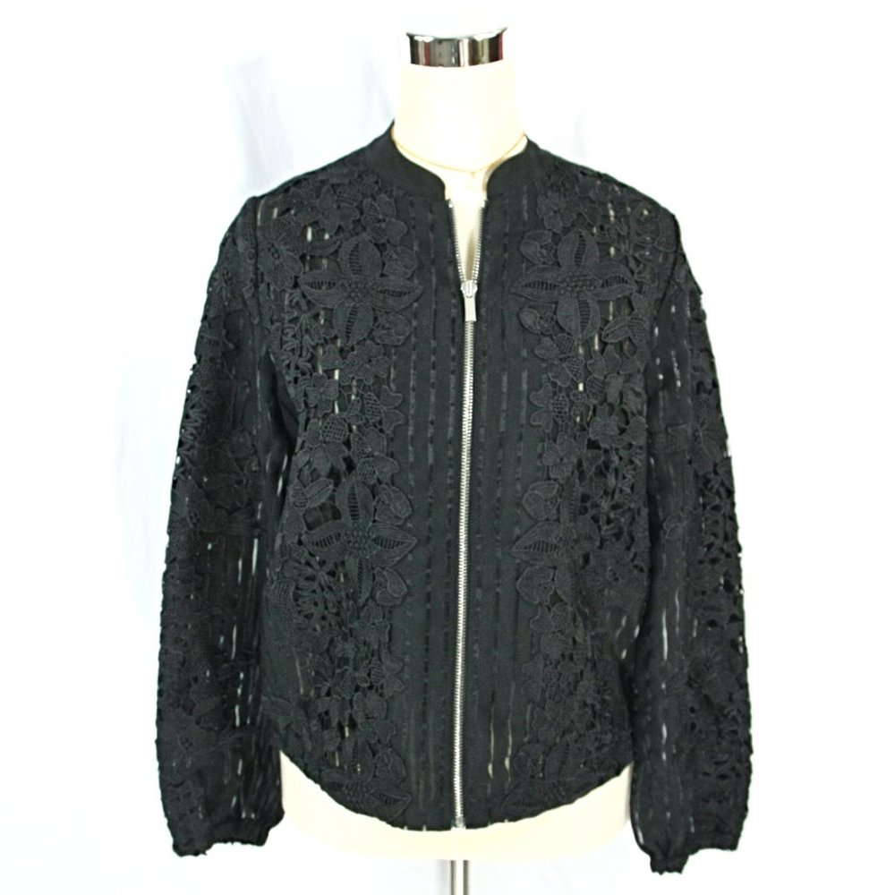 NEW Chicos Black Floral Lace Striped See Through Zip Up Jacket Long Sleeve S